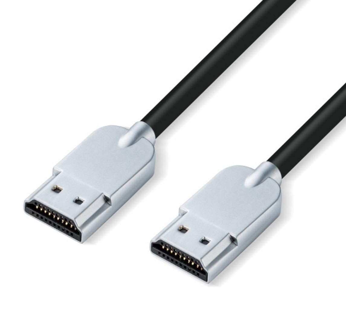 Black 1-meter HDMI cable with slim design, featuring two silver connectors at each end, designed for standard HDMI Type A connections.