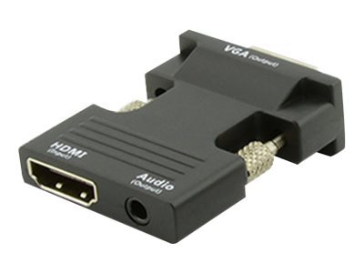 Black Microconnect HDMIVGAAUDIOB cable gender changer with HDMI, VGA (D-Sub), and audio ports, featuring a compact design and metal connectors for durability.