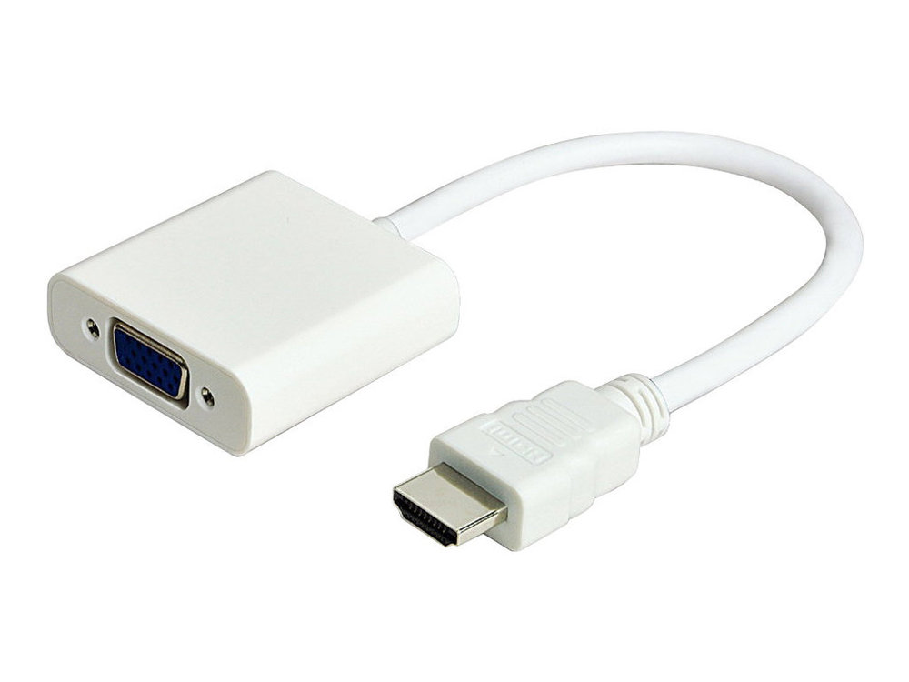 White video cable adapter featuring a standard HDMI Type A connector on one end and a VGA connector on the other, with a short flexible cable.