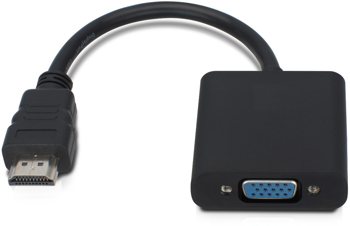 Black video cable adapter with a short flexible cable, featuring an HDMI Type A connector on one end and a VGA port on the other, measuring 0.15 meters in length.
