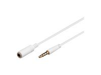 White 1-meter audio cable featuring a 3.5mm male connector on one end and a 3.5mm female connector on the other, designed for connecting audio devices.