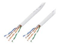 White Microconnect KAB007-100 Cat6 U/UTP networking cable, 100 meters long, featuring four twisted pairs of colored wires (blue, green, orange) for enhanced connectivity.