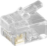 Transparent RJ-12 wire connector with 6P6C configuration, featuring a clip for secure attachment and gold-plated contacts for optimal connectivity.