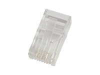Translucent RJ45 wire connector by Microconnect, featuring a clear plastic body and six metal pins for network connections.