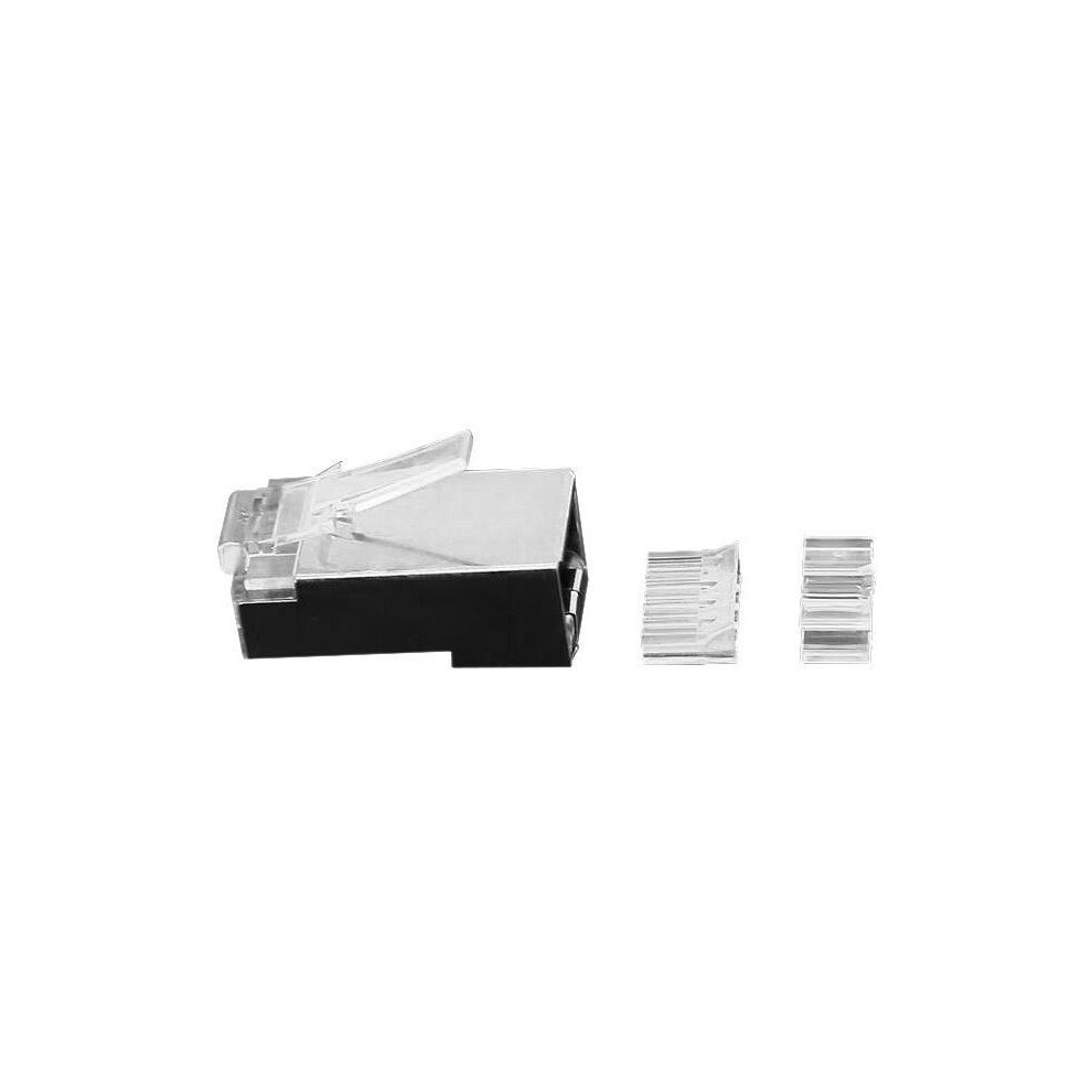 Silver Microconnect KON512-50 wire connector with a transparent clip, black plastic body, and two clear plastic crimp connectors beside it.
