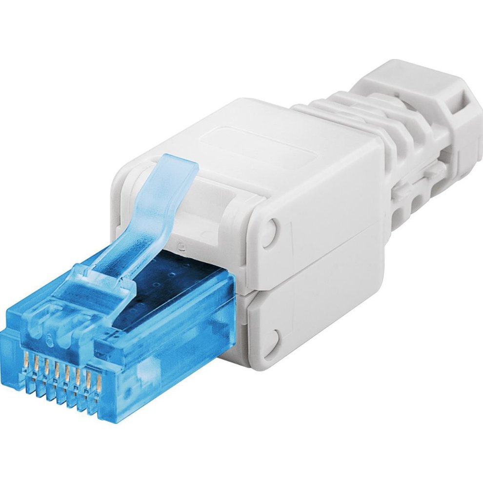 White RJ45 wire connector with a transparent blue latch, featuring a compact design and multiple metal pins for network connections.