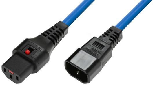 Blue 1.5-meter power cable featuring a C13 coupler on one end and a C14 connector on the other, with a durable plastic casing and locking mechanism.