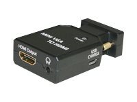 Compact black video signal converter with VGA input, HDMI output, and USB charging port, featuring labeled connections and a sleek design for easy integration.