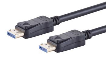 Black DisplayPort cable with two connectors featuring blue ports, designed for high-resolution video up to 8K, showcasing sturdy plastic housing and a flexible design.