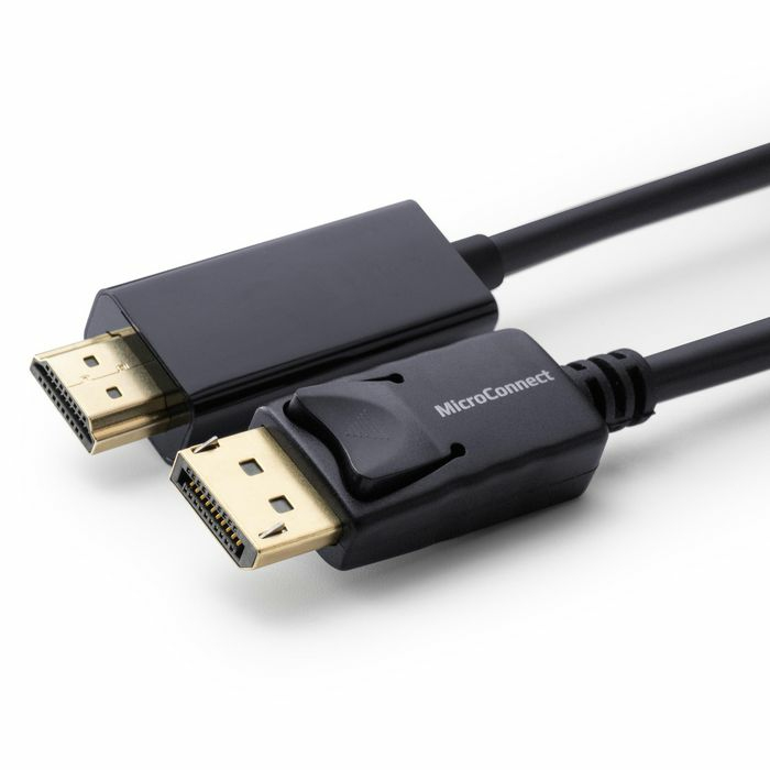 Black 1.5m Microconnect MC-DP-HDMI-150 video cable adapter featuring a DisplayPort connector on one end and an HDMI connector on the other, with a sleek, durable design.