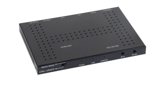 Black Microconnect MC-DP-KVM201K KVM switch with multiple ports, including HDMI, RS232, and audio jacks, featuring a perforated design for ventilation and labeled control buttons.