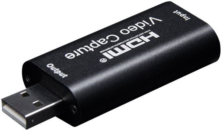 Black USB graphics adapter with "HDMI" label, featuring input and output ports, designed for 3840 x 2160 pixel resolution, compact and sleek design.