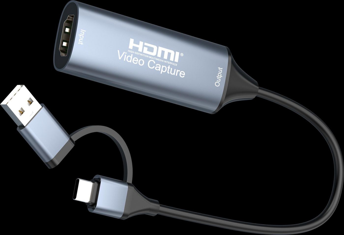 Silver USB graphics adapter with an HDMI input and USB output, featuring a flexible black cable and labeled ports for easy connectivity.