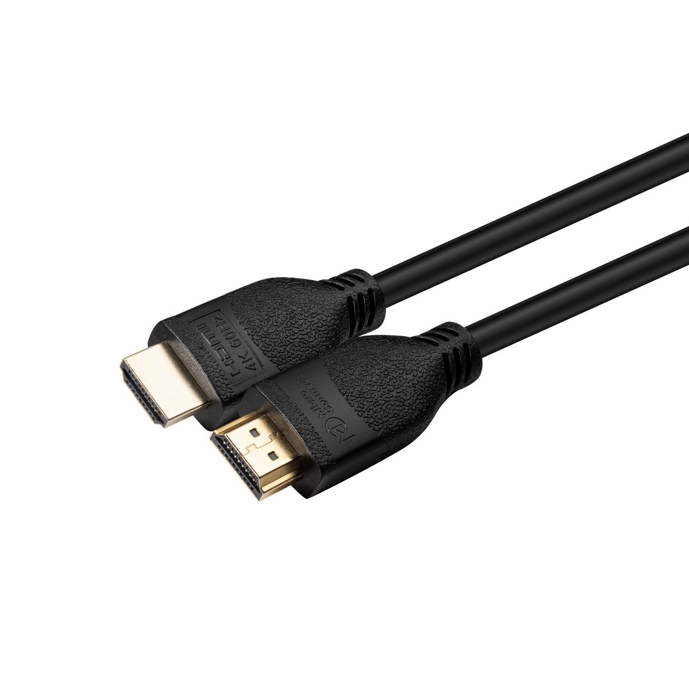 Black HDMI cable with gold-plated connectors on both ends, featuring a flexible rubberized grip for easy handling and a durable design for reliable connectivity.