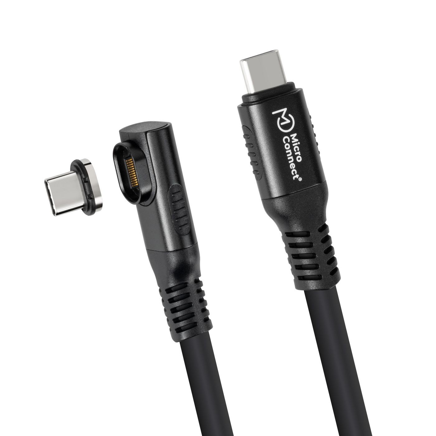 Black USB cable with a right-angle USB-C connector on one end and a standard USB-C connector on the other, featuring a durable design and Microconnect branding.