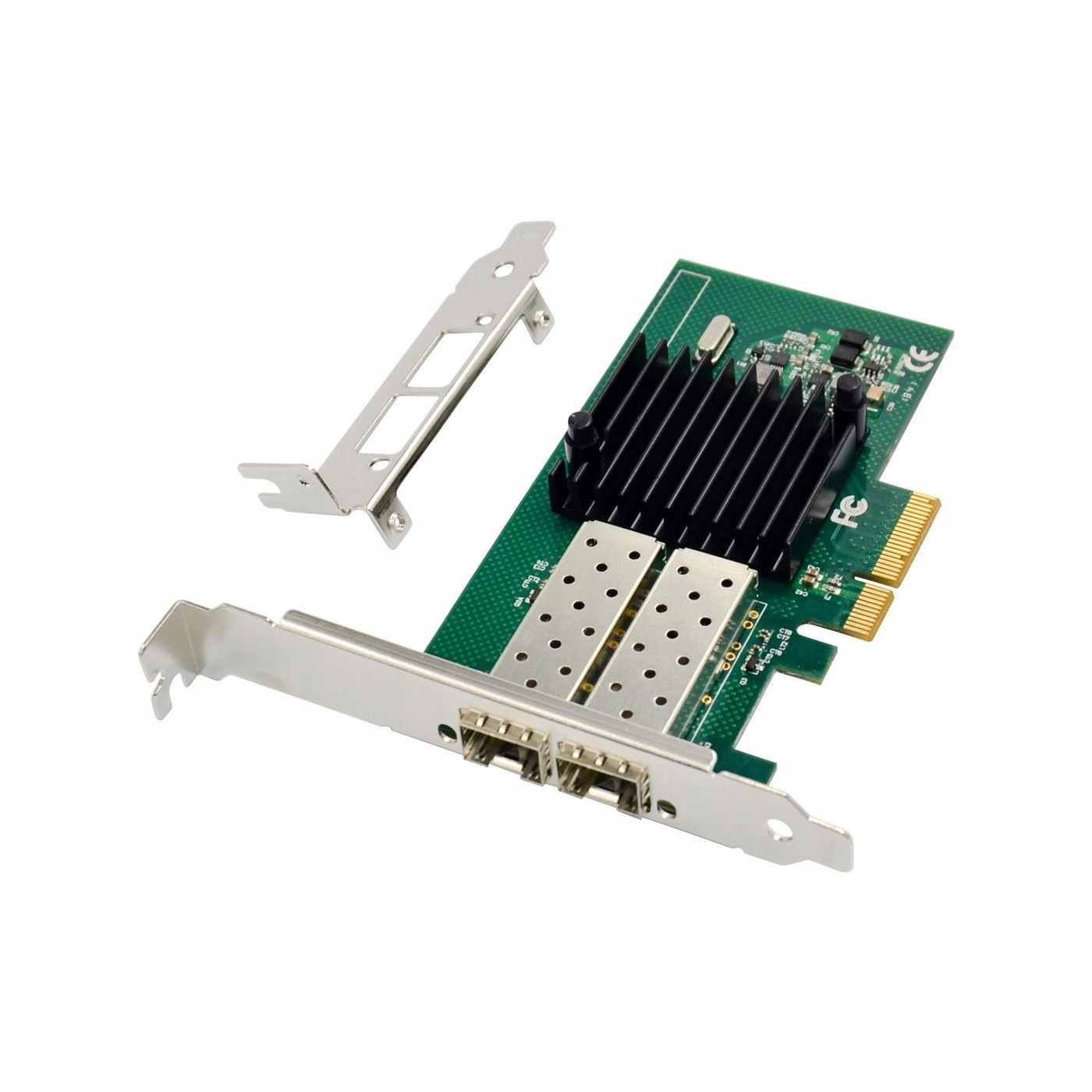 Green circuit board network card with a black heat sink, featuring dual fiber ports and a metal bracket, designed for internal installation with a speed of 1000 Mbit/s.