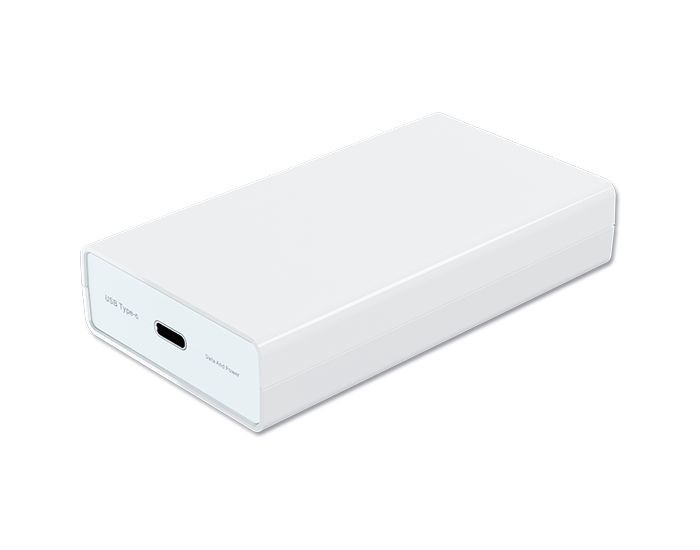 White rectangular PoE adapter with a USB-C port, labeled "20 V," featuring a sleek plastic design suitable for fast Ethernet connectivity.