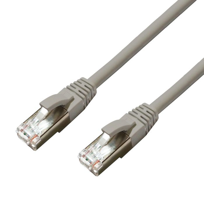 Grey networking cable, 0.25 meters long, Cat6a S/FTP design, featuring two RJ45 connectors with clear plastic housings and molded strain reliefs.