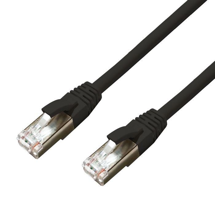 Black 0.25 m Cat6a S/FTP networking cable with two transparent connectors, featuring metal shielding for enhanced performance and durability.