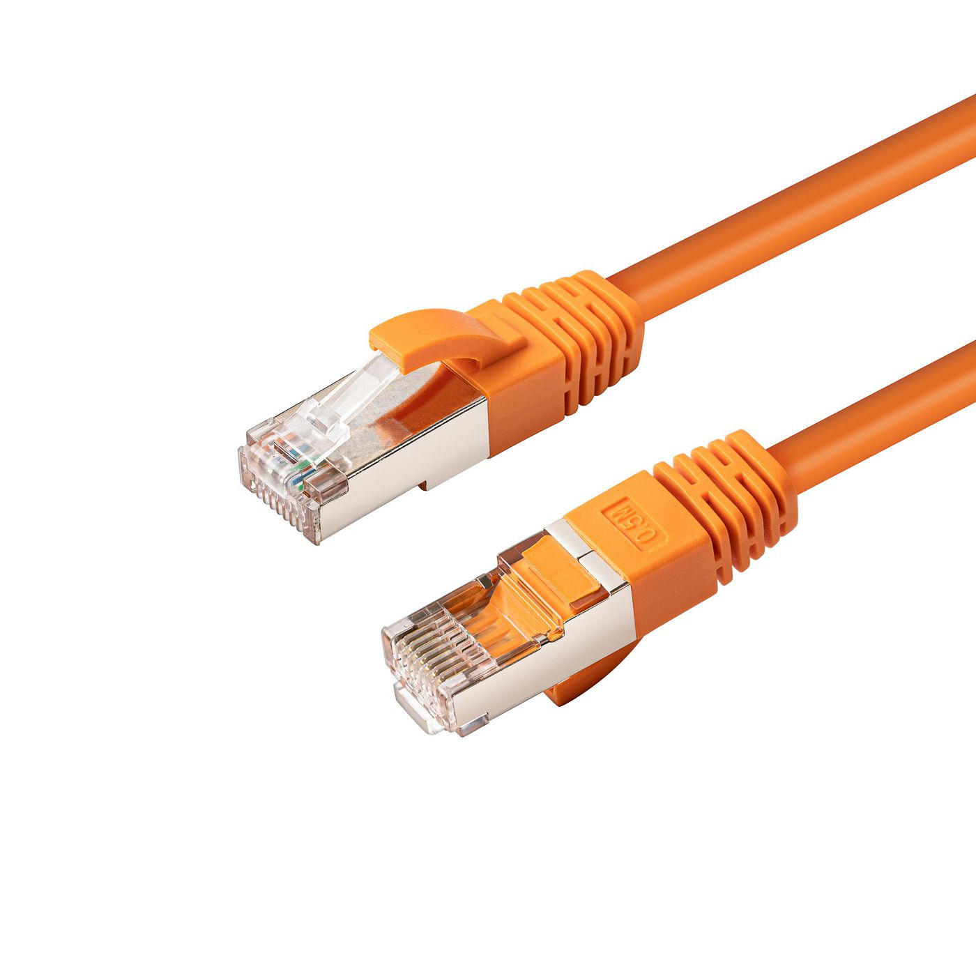Bright orange networking cable, 1 meter long, featuring S/FTP shielding and RJ45 connectors on both ends, designed for high-speed Cat6a data transmission.