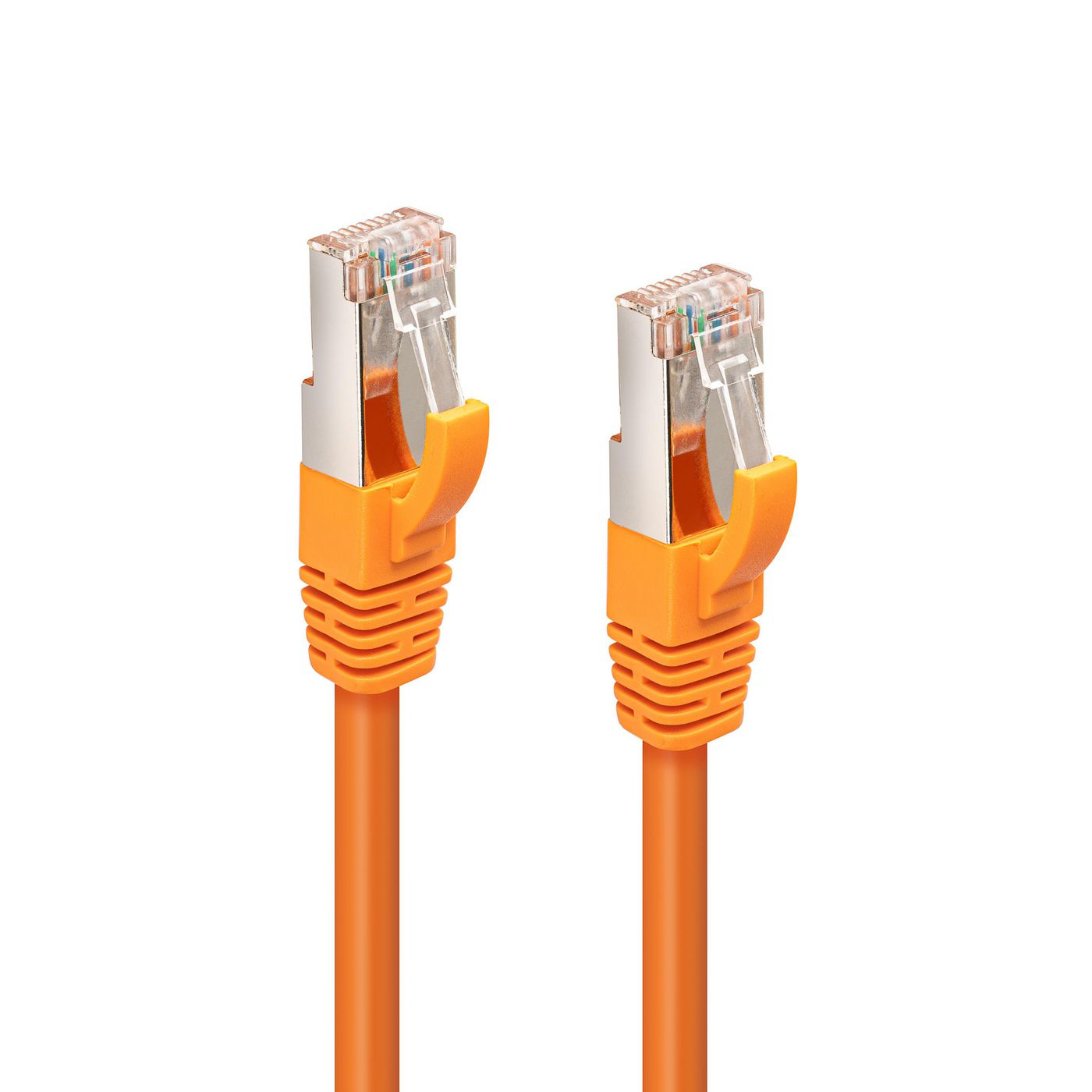 Bright orange 2-meter Cat6a S/FTP networking cable with transparent connectors, featuring a sturdy design for enhanced performance and durability.