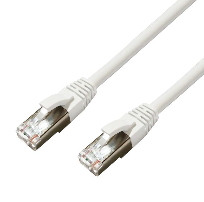 White 2-meter Microconnect MC-SFTP6A02W Cat6a S/FTP networking cable featuring robust connectors and a sleek design for high-speed data transmission.