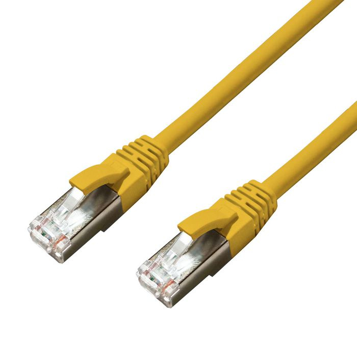 Yellow 2-meter Cat6a S/FTP networking cable with metallic connectors on both ends, designed for high-speed data transmission.