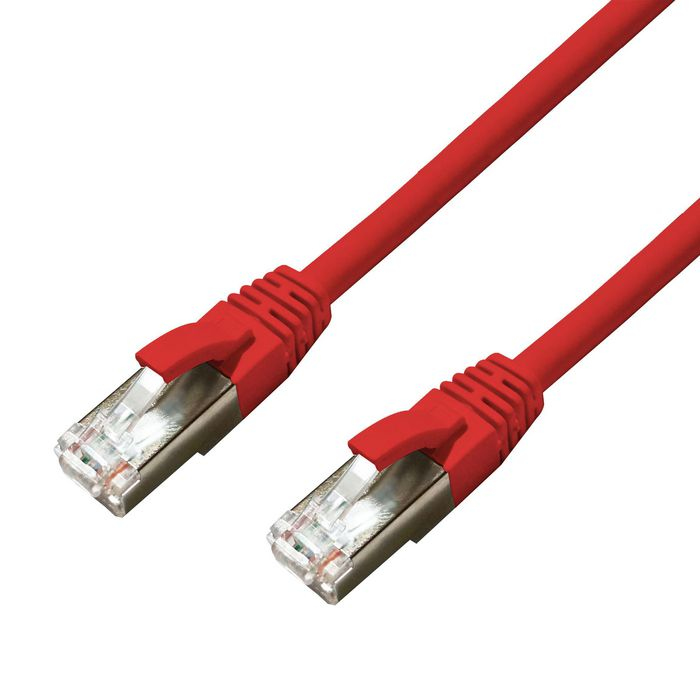 Red networking cable with a length of 3 meters, featuring S/FTP (S-STP) design, and clear plastic connectors on both ends.