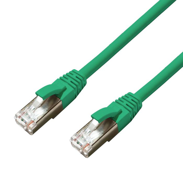 Green Cat6a S/FTP networking cable, 5 meters long, featuring sturdy connectors with metal shielding at both ends for enhanced performance and durability.