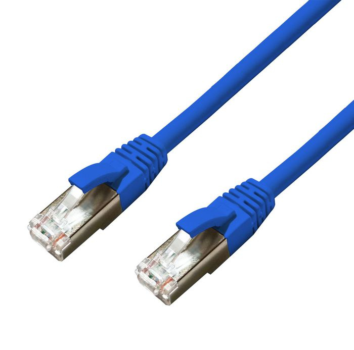 Blue Microconnect MC-SFTP6A10B networking cable, 10 meters long, featuring S/FTP shielding, with durable connectors on both ends for high-speed Cat6a performance.