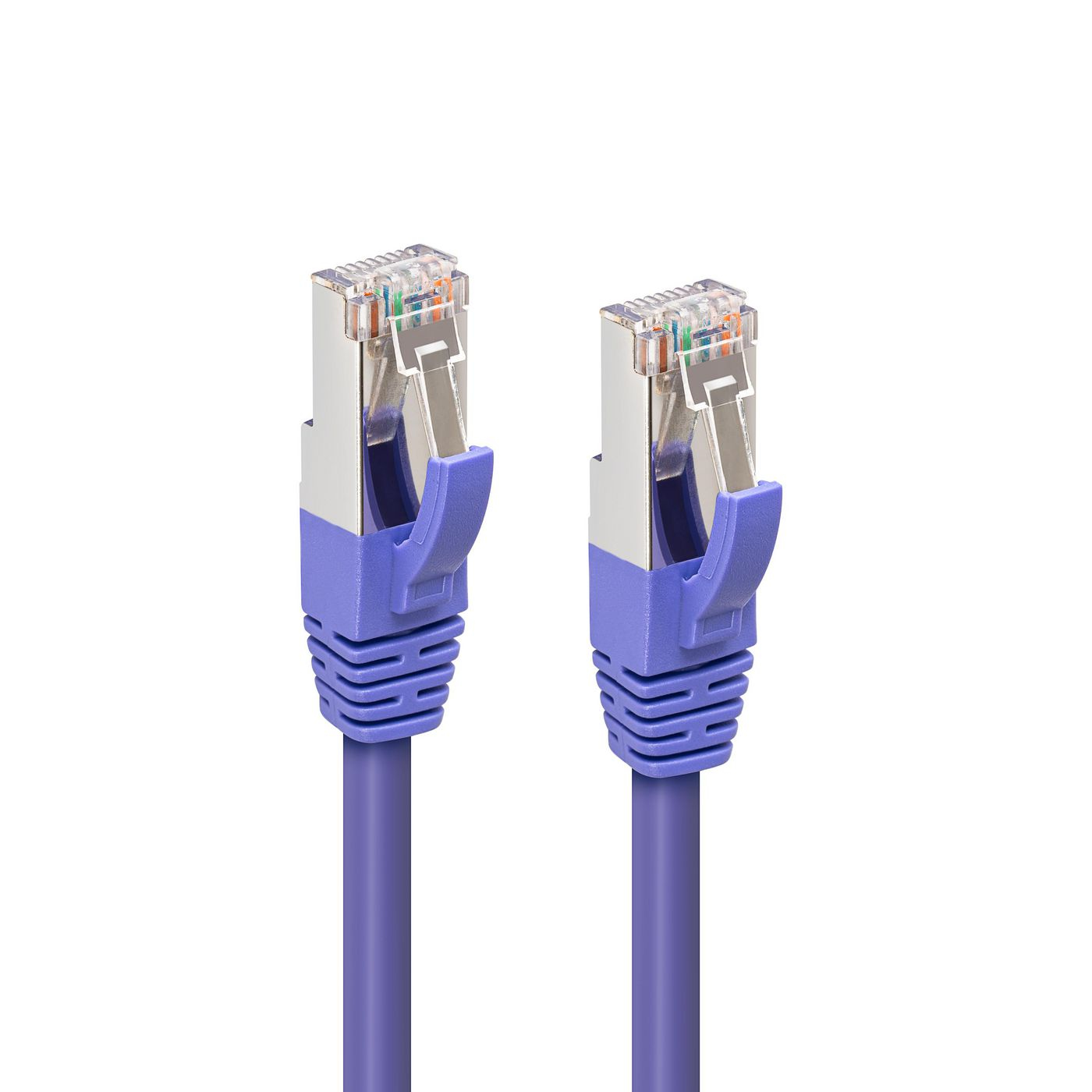 Purple Cat6a S/FTP networking cable, 10 meters long, featuring durable connectors with metal shielding and secure locking clips on both ends.
