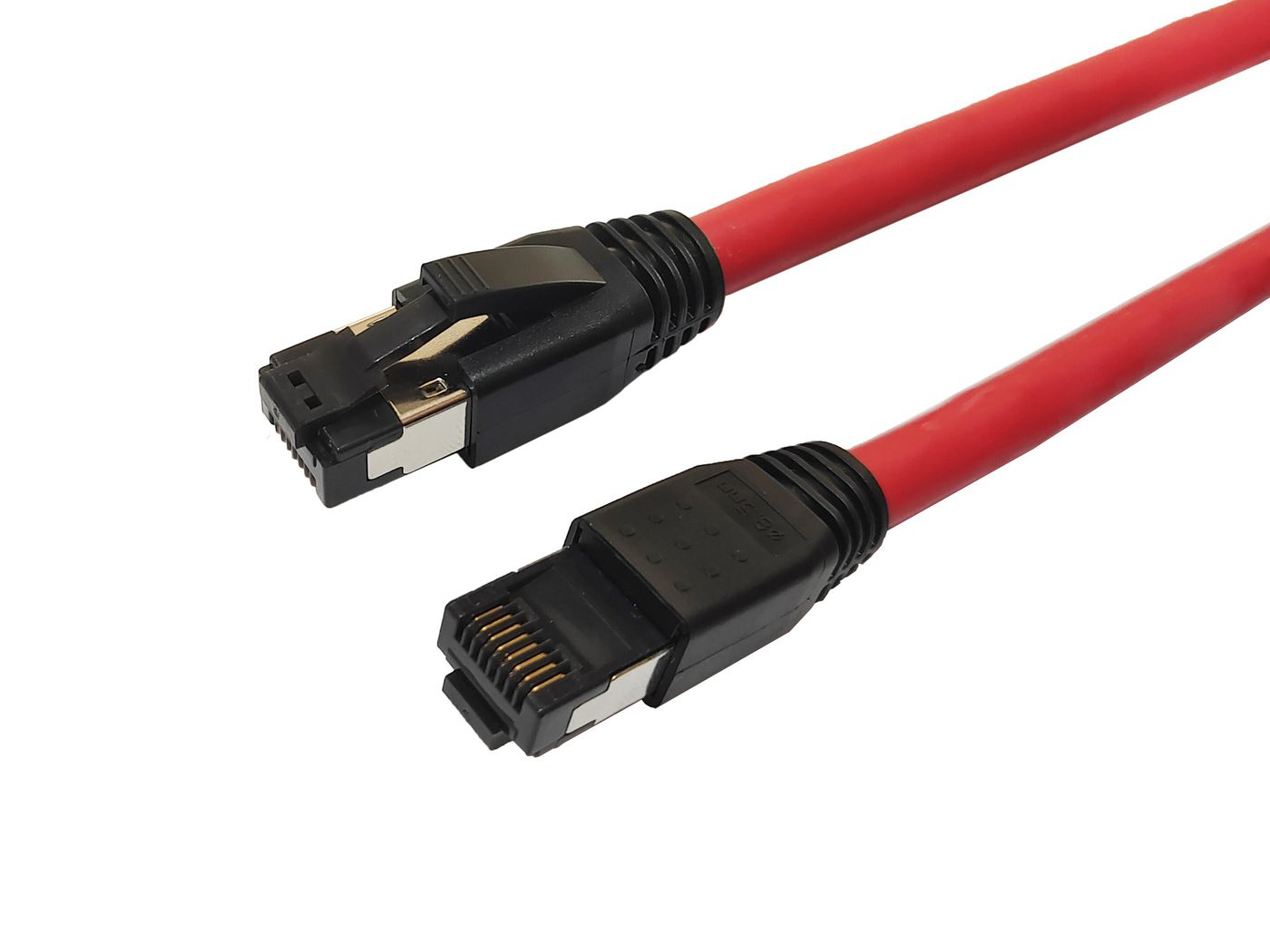 Red 5-meter Cat8.1 S/FTP networking cable featuring black connectors at both ends, designed for high-speed data transmission.