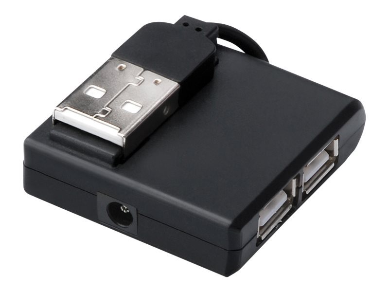 Black Microconnect MC-USB2.0HUB4P USB 2.0 interface hub featuring four ports, compact design, and a retractable USB connector for easy storage.