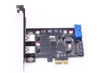 Black internal USB 3.0 interface card with two USB ports, blue connector, and various electronic components, designed for enhancing connectivity in computers.