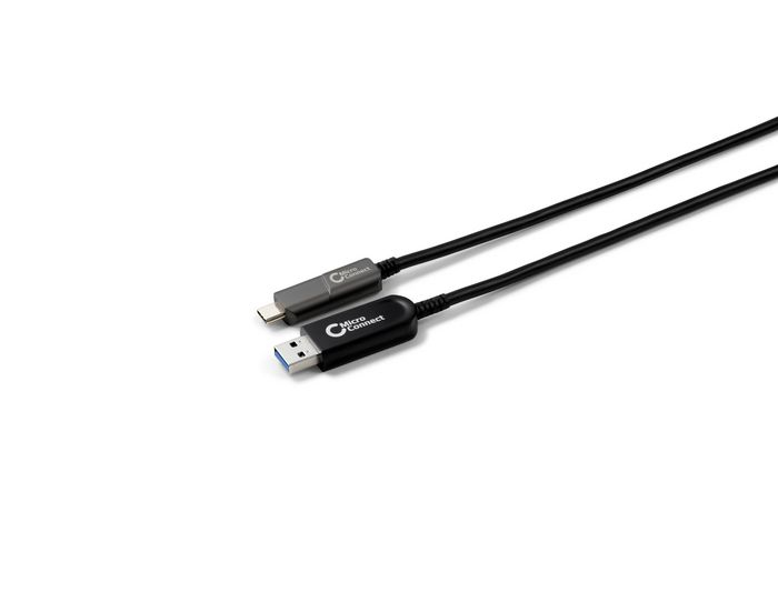 Black and gray Microconnect MC-USB3.2CA5OP USB cable, 5 meters long, featuring USB 3.2 Gen 2 connectors, with a sleek design and durable material.