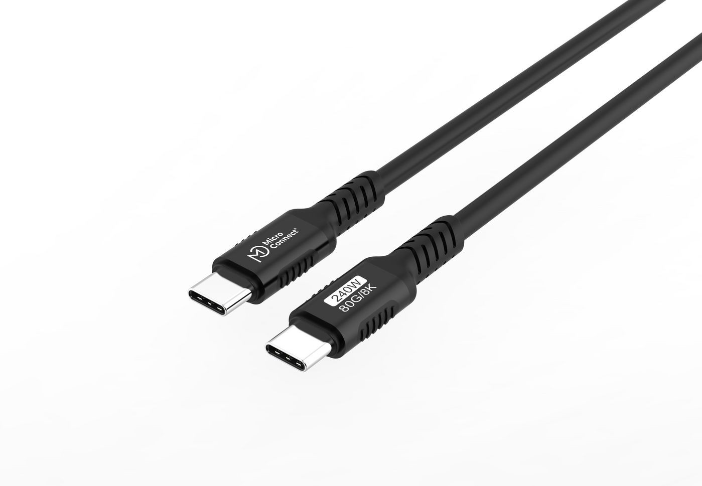 Black Microconnect MC-USB4-CC80LQ-1 USB cable with two USB-C connectors, featuring a flexible design and marked with 240W and 800K specifications.