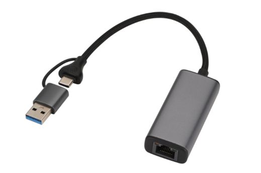 Black Microconnect MC-USBACNET2.5G cable gender changer featuring a USB-C connector and an RJ-45 port, with a sleek metallic body and flexible cable.