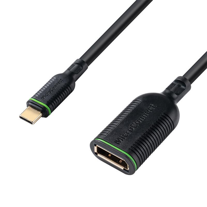 Black USB Type-C to DisplayPort adapter cable, 0.2 meters long, featuring a sturdy design with textured grips and a green accent on the connector.