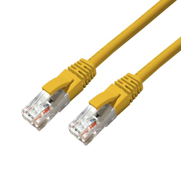 Yellow networking cable with clear connectors, 0.25 meters long, featuring Cat6a U/UTP specifications, designed for high-speed data transmission.