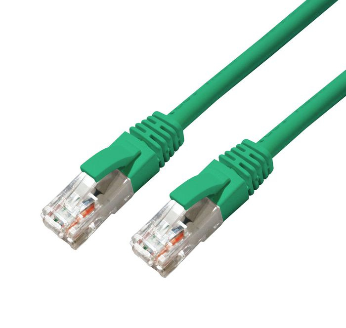 Green 0.5 m Cat6a U/UTP networking cable with clear plastic connectors, featuring a flexible design suitable for high-speed data transmission.