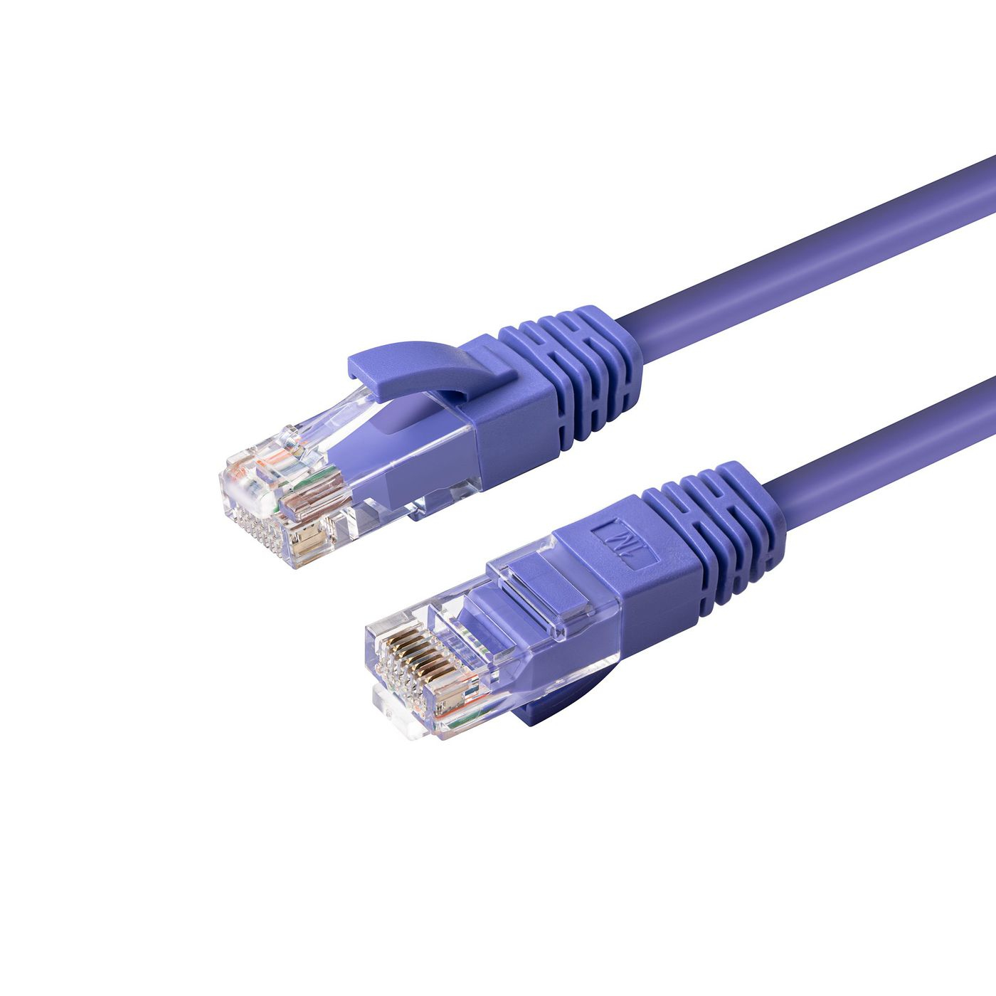 Purple 0.5 meter Cat6a U/UTP networking cable with transparent connectors, featuring a sturdy design for reliable data transmission.