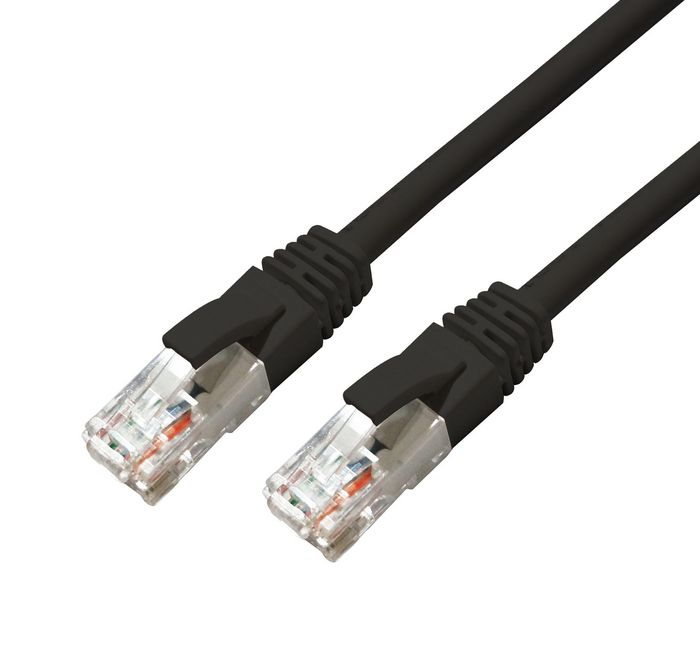 Black 3-meter Microconnect Cat6a U/UTP networking cable featuring clear connectors with visible wiring, designed for high-speed data transmission.