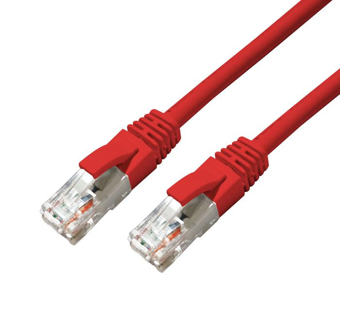 Red Microconnect MC-UTP6A05R Cat6a U/UTP networking cable, 5 meters long, featuring clear connectors on both ends for reliable data transmission.
