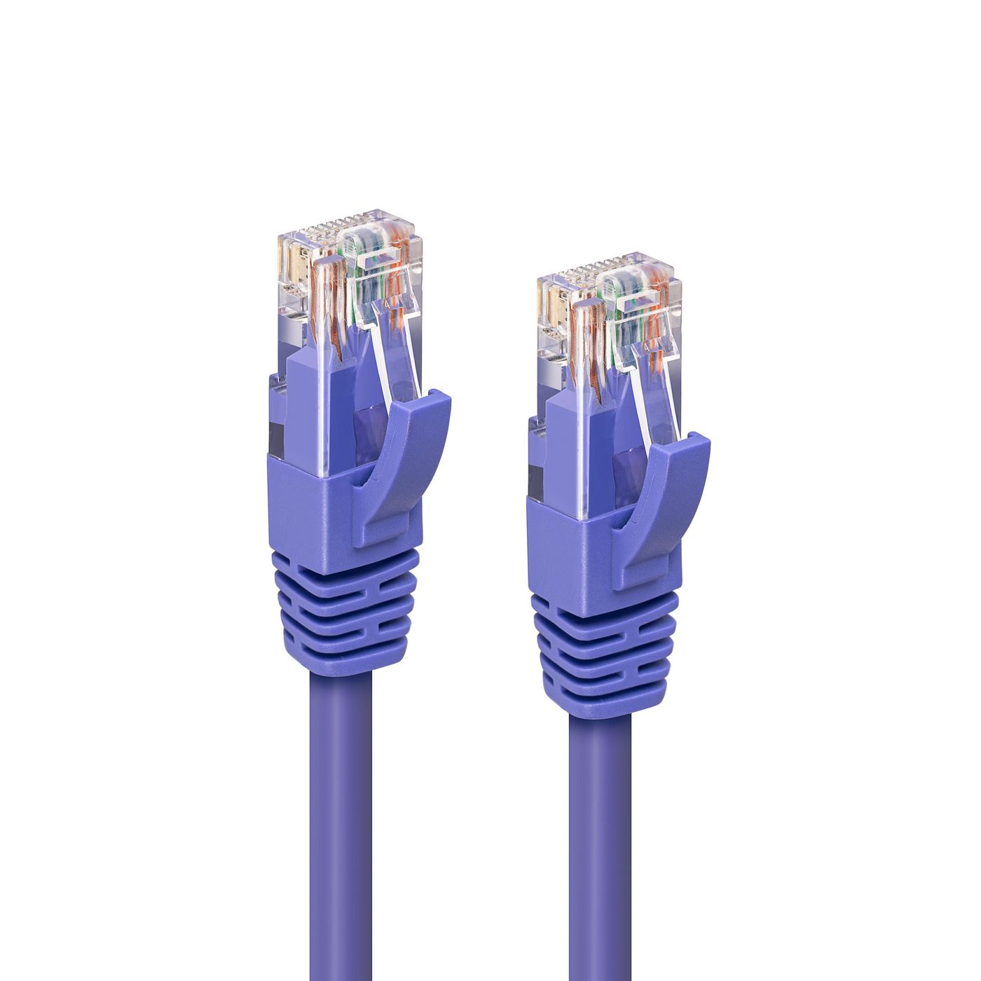 Purple 20-meter Cat6a U/UTP networking cable featuring clear connectors with locking tabs on both ends, designed for high-speed data transmission.