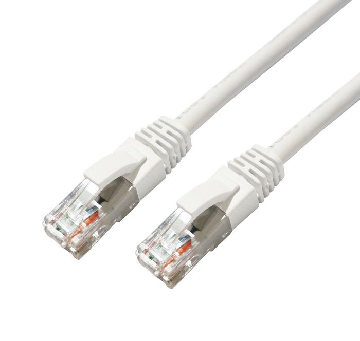 White Microconnect MC-UTP6A20W networking cable, 20 meters long, featuring U/UTP connectors with clear plastic ends, designed for Cat6a performance.