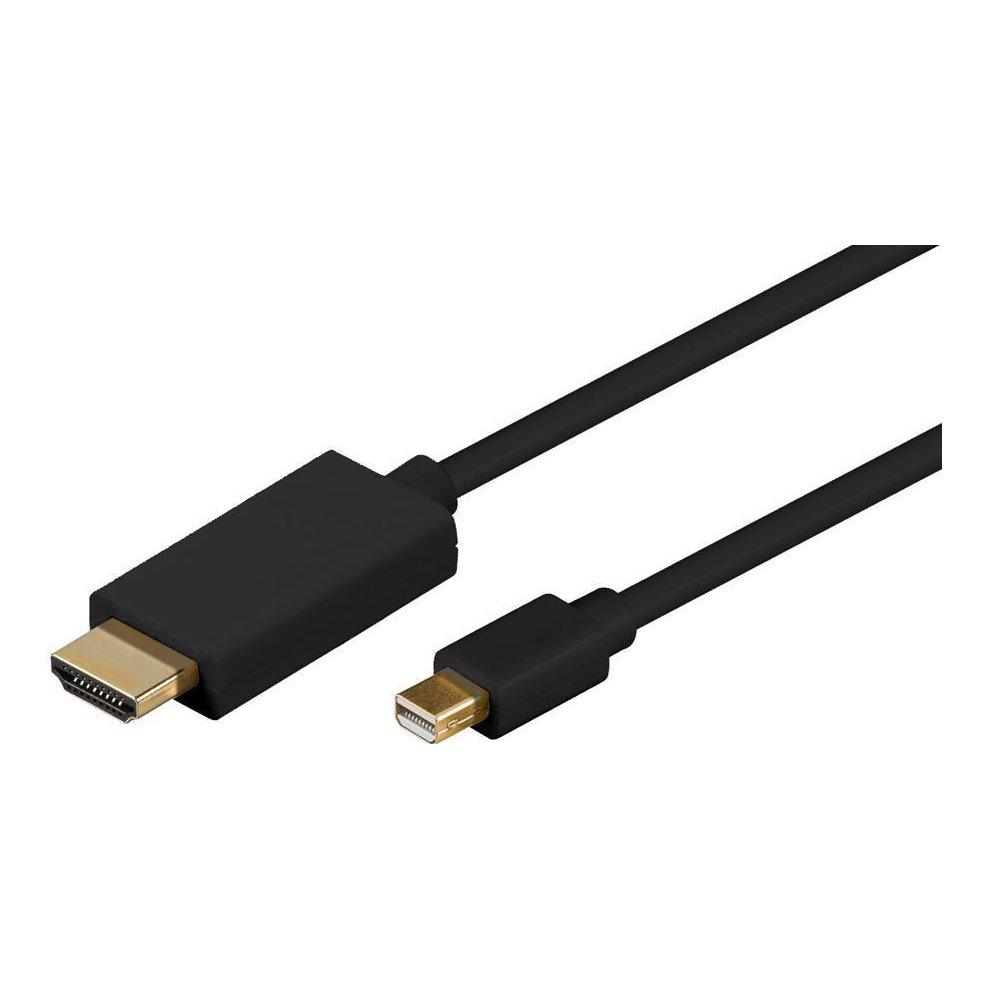 Black Microconnect MDPHDMI1B-4K video cable adapter with a Mini DisplayPort connector on one end and a gold-plated HDMI connector on the other, designed for high-definition video output.