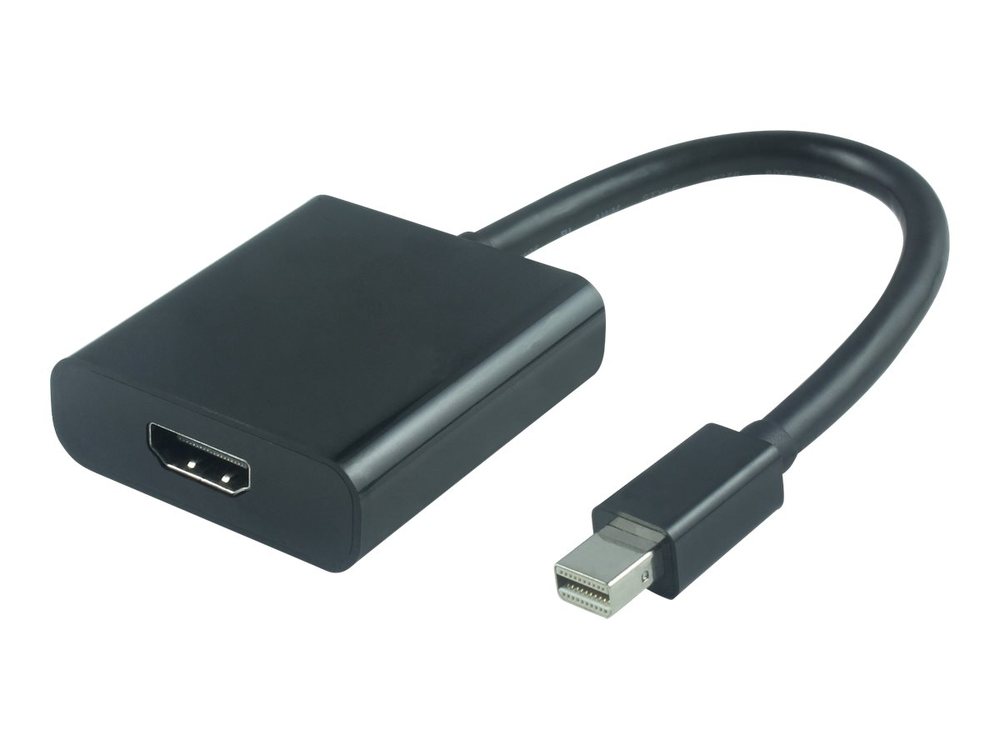 Black Microconnect MDPHDMI6B video cable adapter with a mini DisplayPort connector on one end and an HDMI port on the other, featuring a flexible cable.