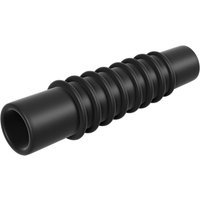 Black ribbed plastic cable relief with cylindrical ends and flexible accordion-style middle section.