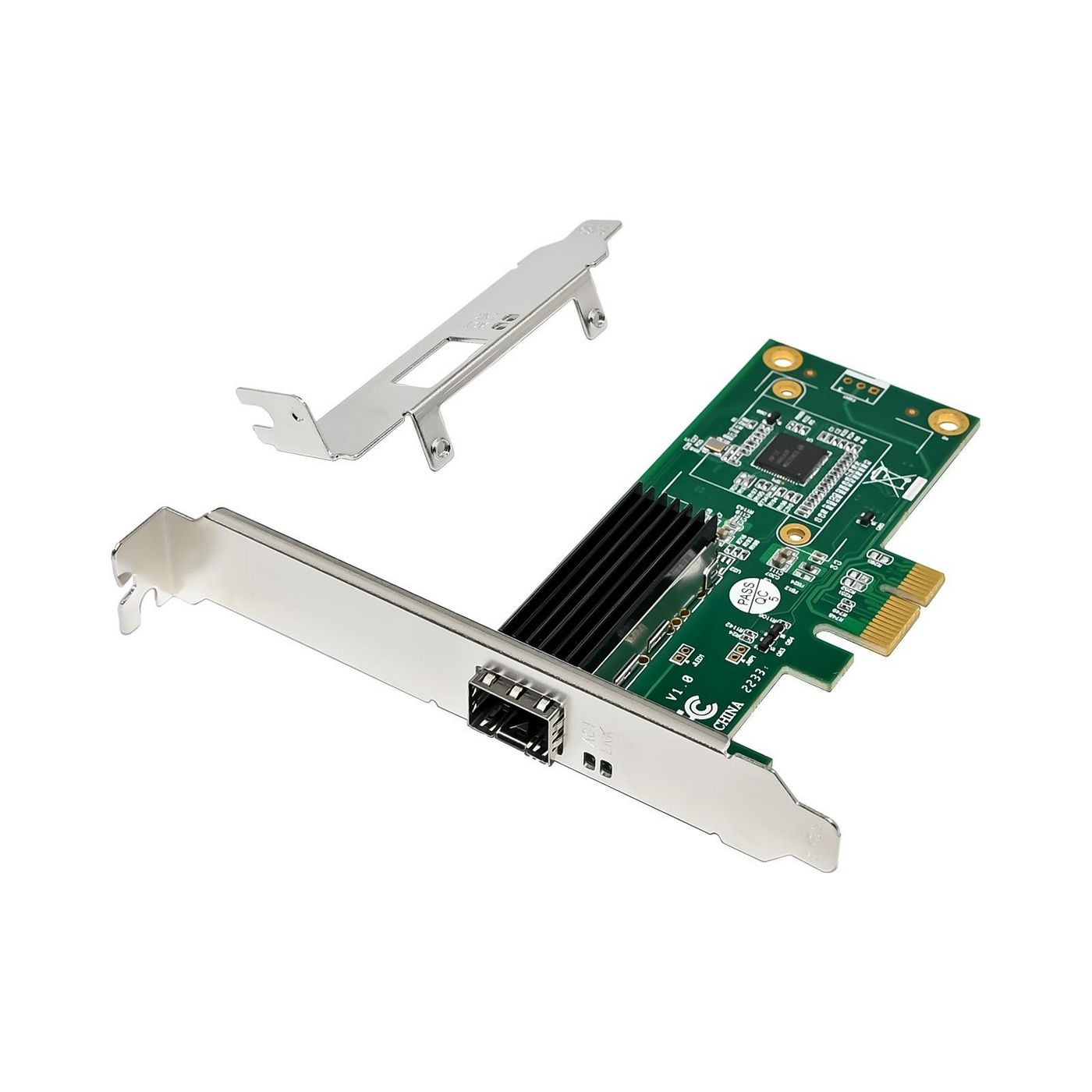 Green printed circuit board with a silver PCIe x1 connector, featuring an I210-F1 chip, heatsink, and a removable metal bracket for installation.