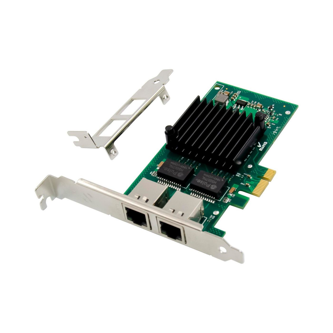 Green printed circuit board with a black heatsink, two Ethernet ports, and a PCIe X1 connector, accompanied by a metal bracket for installation.